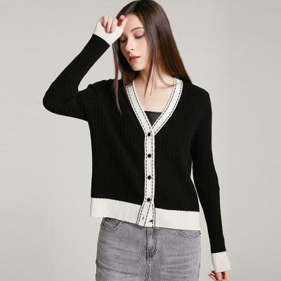 China Anti-Shrink Customize Black And White 100% Wool Ladies Casual V-neck Color Block Cardigan Sweater for sale