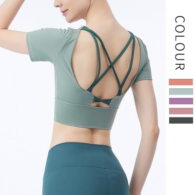 China Breathable Women Fitness Yoga Gym Clothes Shirts Active Sports Wear Women Backless Yoga Crop Top for sale