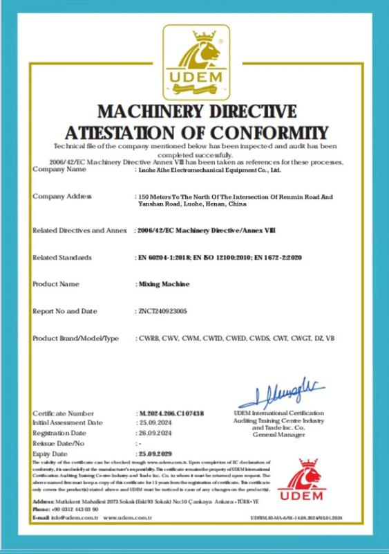 MACHINERY DIRECTIVE ATTESTATON OF CONFORMITY - Luohe Aihe Electromechanical Equipment Co., Ltd.