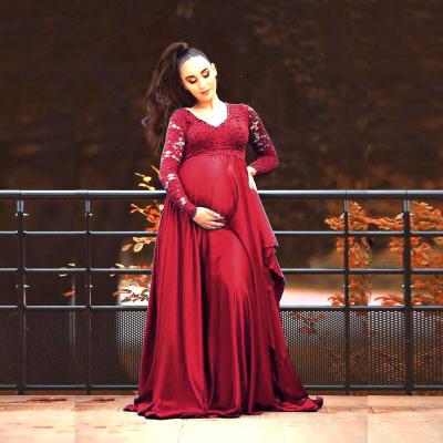 China Radiation Protection Women's Lace Stitching Pregnant V-Neck Dress Long Sleeve Tail Skirt Photography Props Women Dress for sale