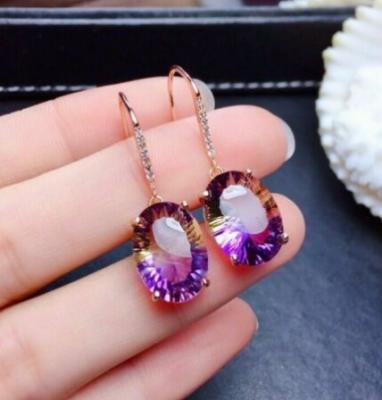 China TRENDY Oval Amethyst 925 Silver Ear Hook Drop Dangle Earrings Women Wedding Jewelry for sale