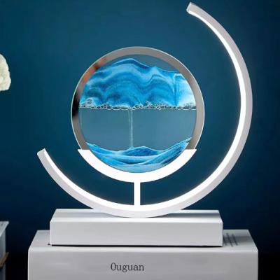 China Modern 3d Table Lamp Quicksand Painting Liquid Moving Sand Art Picture Round Glass Sandscape With Light for sale