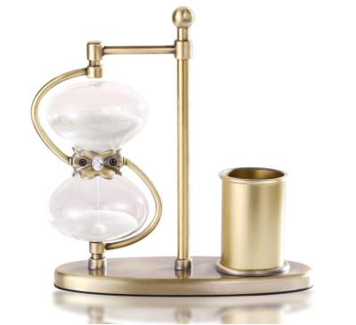 China Modern Hot Sale Opens Office Home Decoration Metal 30 Min Sand Timer With Pen Holder Hourglass for sale