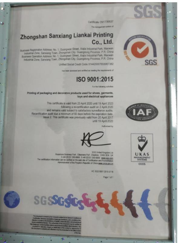 ISO9001 - Zhongshan Liankai Printing Co., Ltd.