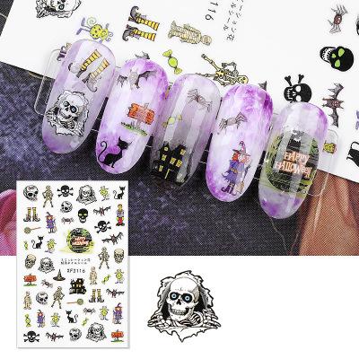 China Hot Sale Halloween Cartoon Sticker Pumpkin WITCH Lamp Skeleton ELF Vampire Nail Decals for sale