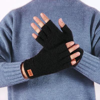 China Wholesale Winter Warm Jacquard Gloves Men High Quality Fingerless Knit Gloves Increasing Half Finger Gloves Knitting Mitten With PU Tag for sale