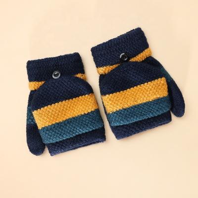 China Custom Logo Boy And Girl Winter Jacquard Gloves Warm Knitted Half Finger Jacquard Gloves Mitten Flap Hat With Wood Button for sale