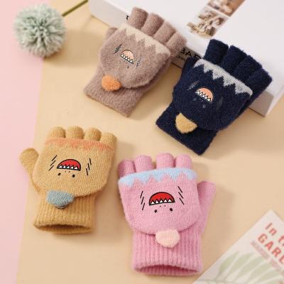 China Printing New Style Children Winter Knitted Warm Wool Fingerless Gloves With Lovely Flap Cartoon Monster Kids Gloves for sale