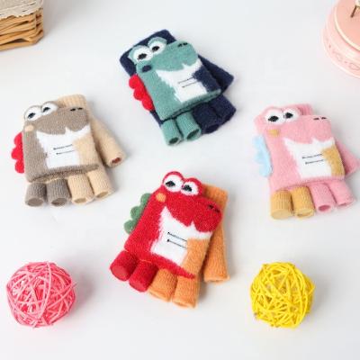 China New Design Cartoon Children's Jacquard Gloves Winter Cartoon Dinosaur Soft Pupils Half Fingers Faked Mink Wool Gloves Cute Lovely for sale