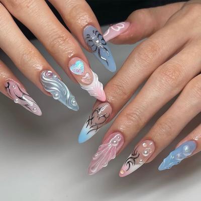 China Flexibility 2024 Newest Styles Trending Artificial Fingernails Low Price Wholesale Best 24 PCs Press On Nails Sea Pearl Shell Nails Art for sale