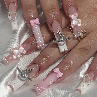 China Flexibility Factory Wholesale Fashion Acrylic Press On Nails Luxury Bling French Manicure On 24 Pcs false nails long coffin fake nails tips for sale