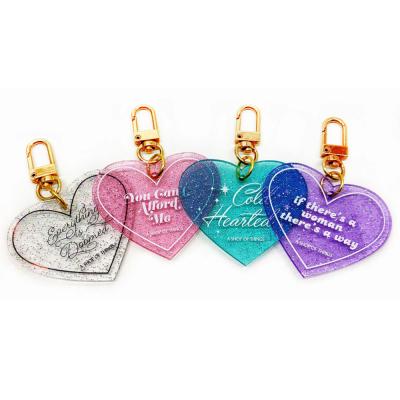 China Custom and wholesale custom printing plastic stain plastic glitter motel key chain heart shape hotel key chain acrylic glitter for sale