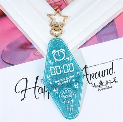 China Hotel Plastic Custom Acrylic Iridescent Holographic Rhombic Iridescent Motel Key Chain Glitter Rainbow Shape Hologram Rainbow Key Chain for sale