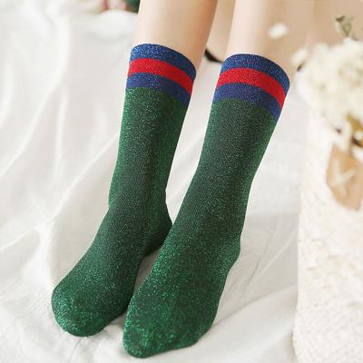 China Sporty spring gold summer autumn silk lurex lugs leisure female cotton striped socks for sale