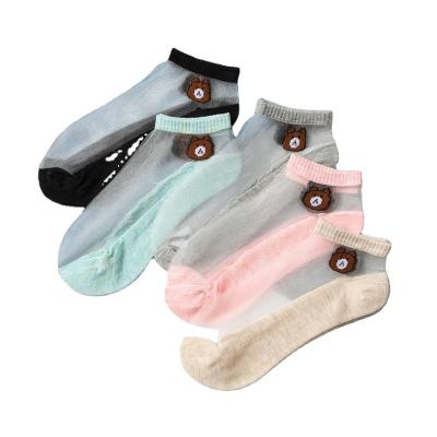 China Fasion Antibacterial Thin Crystal Stockings for Women Support Pattern Socks Transparent Women Glass Silk Crystal Short Socks for sale