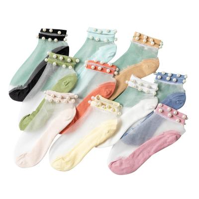 China New Fasion Style Antibacterial Crystal Transparent Sheer Socks For Women Lace Crew Pearl Crystal Socks for sale