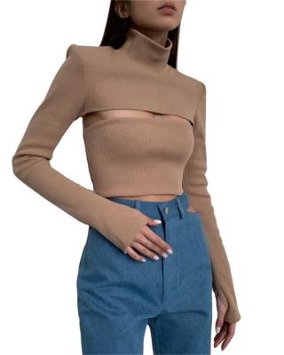 China 2021 Autumn Winter Wholesale Women's Cavity Border Collar Rib Sweater Long Sleeve Shorts Anti-wrinkle Supply Top Tops for sale