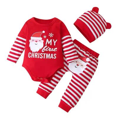 China 2021 Autumn Winter Christmas 100% Cotton Long New Striped Three-Piece Suit Long Sleeve Romper Detachable Kids Hat Suit for sale