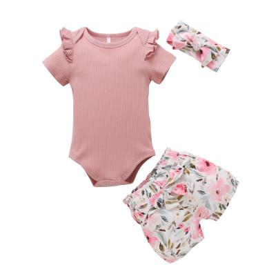 China 2022 Cotton Stripe Baby Anti Shrink Summer Wear Amazon Three Piece Set Printed Shorts With Bow Tie Toddler Pajamas for sale