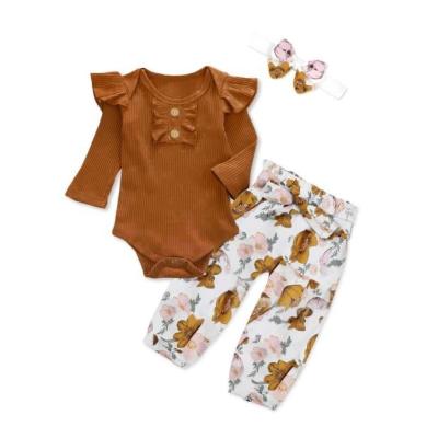 China INS anti-shrink babies sleeve long top and flower pants and hair band children three summer autumn sets pajamas for sale