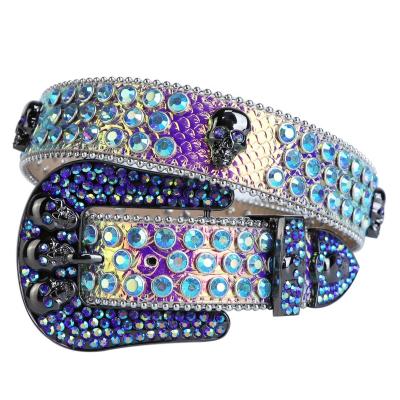 China Wholesale Multi Color Bling Bling Faux Stone Belt Purple Custom Made Belt With Big Crystal Studded Skull Buckle Designer Belts For Men PU Leather for sale