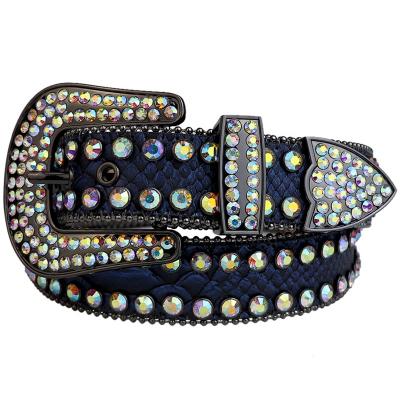 China Fancy Colorful Blue Cowhide Snakeskin Belts For Toddler Crystal Studded Rhinestone Factory Price Brand Designer Belts Women High Quality for sale