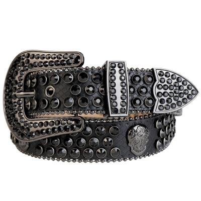 China Black Studded Cowhide Cool Kids Belt Skull Conchos Buckle Removable Custom Low Price Grain Black Studded Top Leather Crystal Belts For Men for sale