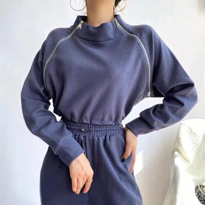 China New Fashion Waffle Zipper Waist Soft Hoodie Sweater Casual Pantsuit For Women for sale