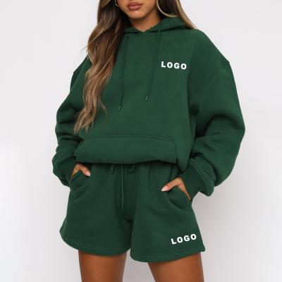 China 2021 Women Soft Custom Heavyweight Fleece Sweatsuit Two Piece Oversized Hoodie And Sweat Shorts Set for sale