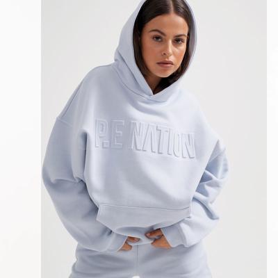 China 2021 Fashionable heavy cotton anti-pilling hoodie heavy cotton sportswear women's embossed outdoor letter embossed hoodies with custom logo for sale