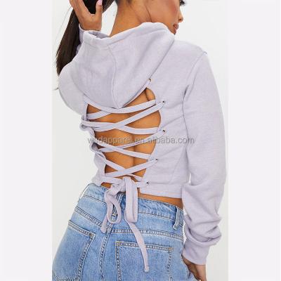 China Anti-pilling women winter autumn back open sleeve hoodie solid color empty custom logo lace long up the back pullover hoodie for sale