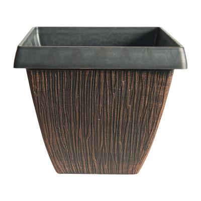 China Home and Garden Durable Decorative Plastic Plant Pot Brown 12 16 Inch Square Planter Pots with Gold Brush for sale