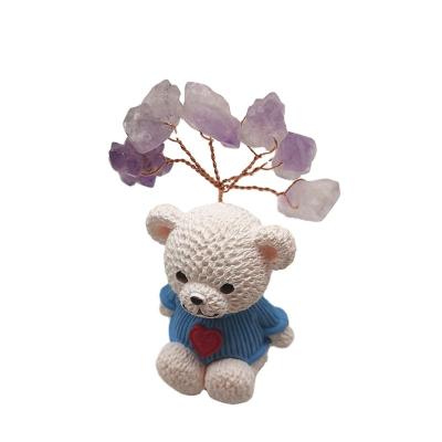 China Europe Mini Natural Amethyst Cluster Tree with Bear Base Money Tree Figurines Feng Shui Desk Decoration for sale