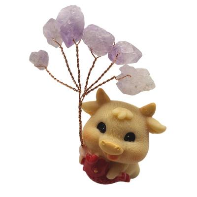 China Natural Europe Amethyst Group Tree Mini Good Luck Cow Base Money Tree For Desktop Decoration for sale