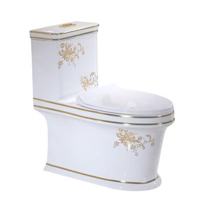 China Double-Flow New Design Luxury WC Gold Color One Piece Toilet for sale