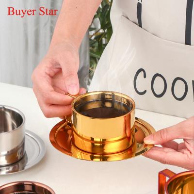 China Sustainable Stainless Steel Coffee Mugs With Handle Elegant Saucer Milk Tea Milk Water Double Wall Mug Cup With Tray for sale