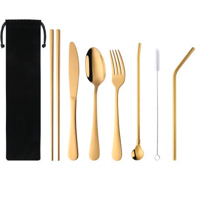 China Sustainable Travel Camping Stainless Steel Gold Plated Portable Flatware Sets Cutlery With Bag for sale