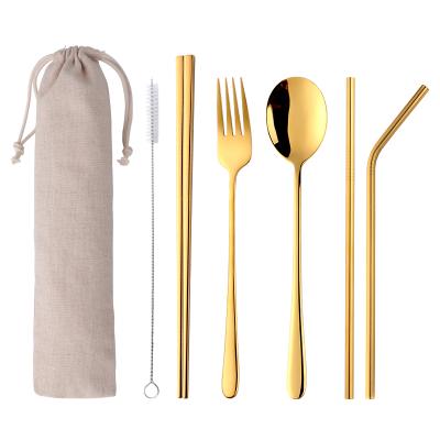 China Sustainable Reusable Camping Travel Gift Stainless Steel Metal Straw Cutlery Set for sale