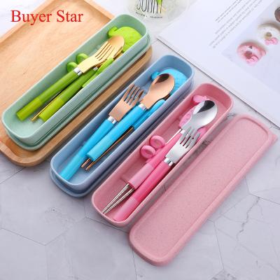 China Sustainable Cute Learning Training Tableware Set For Chirldren Kids Fork Spoon Chopstick Cutlery Set With Case for sale