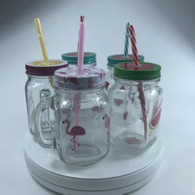 China Tropical Wholesale Glass Water Bottle Mason Jar With Straw Handle Metal Lid Decal for sale