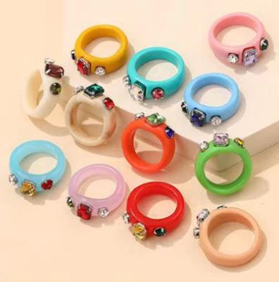 China 2021 Wholesale Hyperbole Korean Neon Resin Acrylic Rings Shape Geometric Crystal Ring Colorful Rhinestone Plastic Rings For Girls for sale