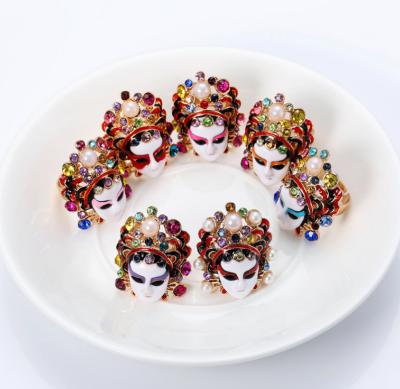 China Wholesale Hyperbole Chinese Style Peking Opera Rings Multicolor Face Rings Manufacturers Enamel Flower Pearl Diamond Ringd For Women for sale