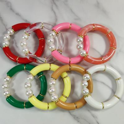 China 2022 Latest Women Jewelry Resin Tube Bangle Gold Disc Bamboo Bracelet Punk Neon Colorful Acrylic Bead Bracelet For Girls for sale