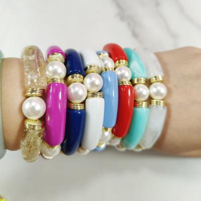 China 2022 newest women's gold disc bamboo bracelet jewelry resin tube bracelet punk neon colorful acrylic bead bracelet for girls for sale