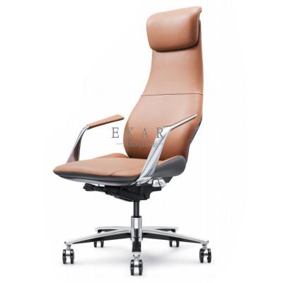 China (Height)Brown Adjustable High Quality Real Leather Ergonomic Computer Desk Chair for sale