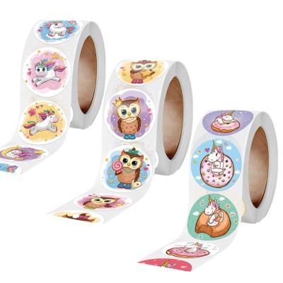 China 500pcs/roll Strong Cute Owl Sticker Unicorn Baking Sticky Cartoon Stickers for sale