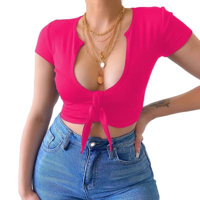 China New Coming Women's Sexy Short Sleeve T-shirt Simple V-Neck Breathable Tie Tops For Summer for sale