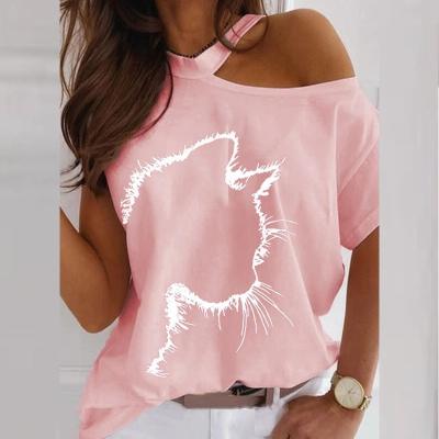 China Plus Size Plus Size Cat Print 2021 Fashion Wish Summer Hot Selling Off-The-Shoulder Loose T-Shirt for sale