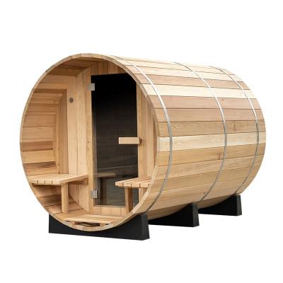 China Traditional Cedar Wood Sauna Room Outdoor 2 Person Steam Sauna Fireplace Red Wooden Wood Burning Traditional for sale