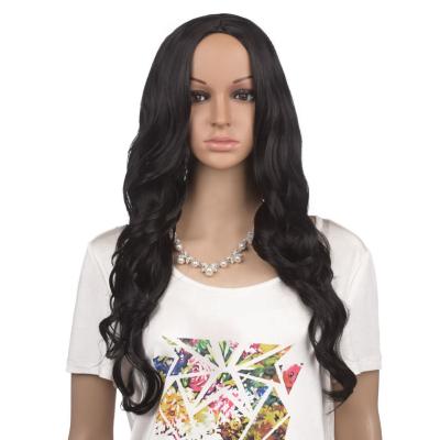 China The body wave sales of long black synthetic hair wig, bangs synthetic wig, synthetic wig color is black for sale